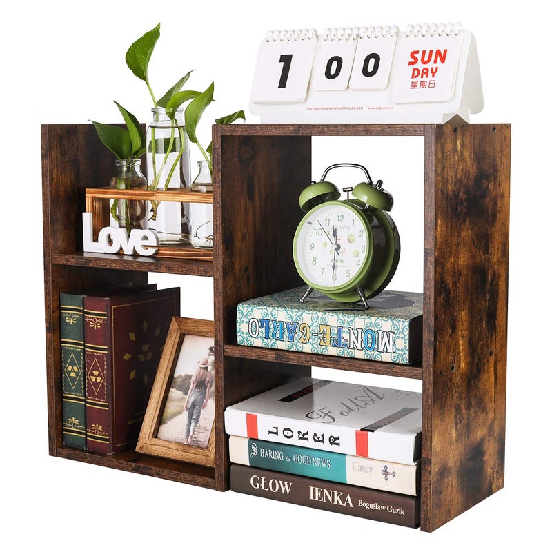 PAG Desktop Shelf Freestanding Wooden Small Bookshelf Desk Supplies Organizers and Accessories Storage Display Rack Office Dorm Decor for Women, Antique Brown - Image 1